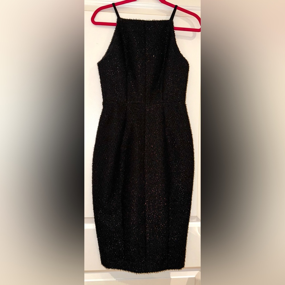 H&M Black Metallic Fringe Elegant Midi Dress with Mini Back Slit